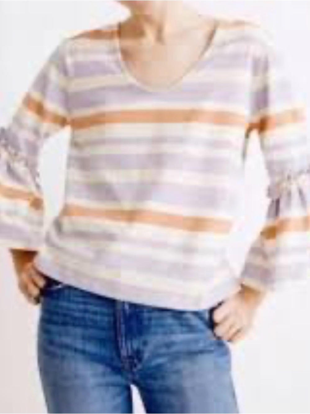 Madewell Lavender, Coral & White Striped V-Neck Bell Sleeve Tunic